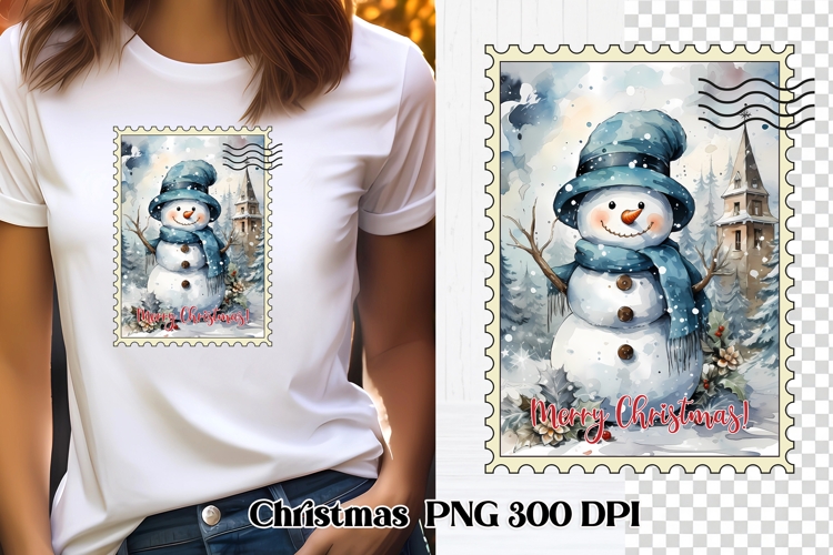 Cute Christmas snowman clipart PNG | Christmas postage stamp