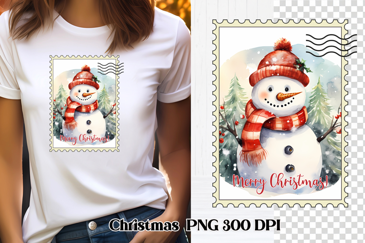 Cute Christmas snowman clipart PNG | Christmas postage stamp