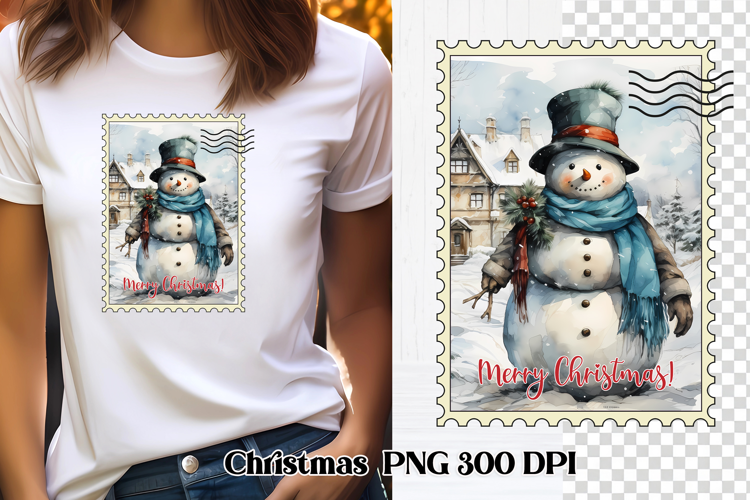 Cute Christmas snowman clipart PNG | Christmas postage stamp