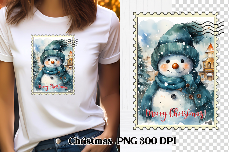 Cute Christmas snowman clipart PNG | Christmas postage stamp
