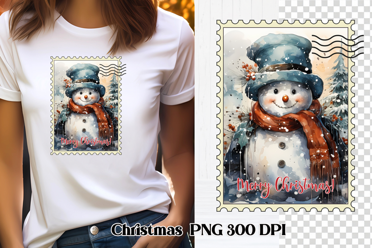 Cute Christmas snowman clipart PNG | Christmas postage stamp