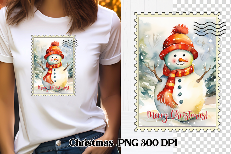 Cute Christmas snowman clipart PNG | Christmas postage stamp