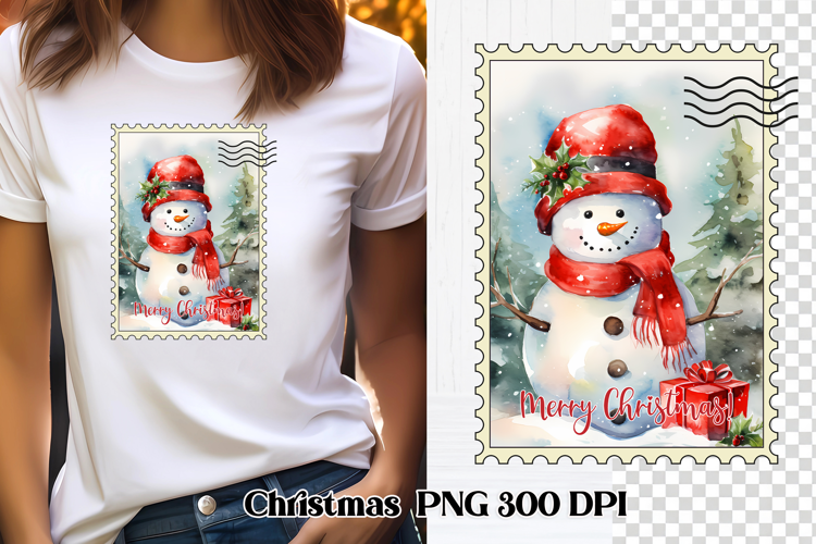 Cute Christmas snowman clipart PNG | Christmas postage stamp