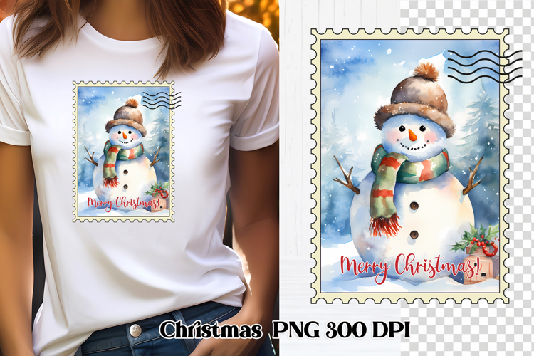 Cute Christmas snowman clipart PNG | Christmas postage stamp
