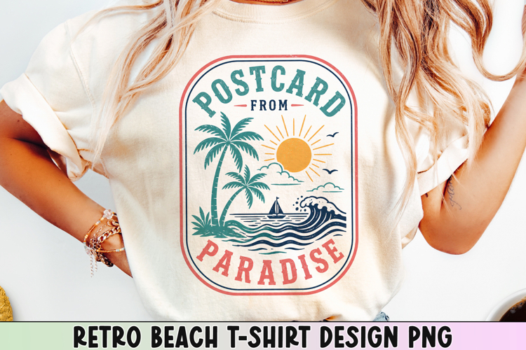 Retro Beach T Shirt Design, Distressed Coastal Sublimation.