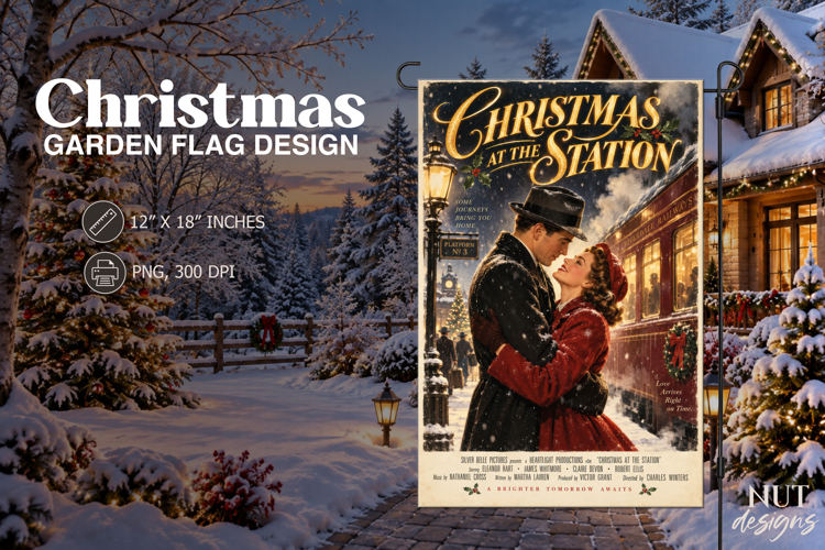 Vintage Christmas Train Garden Flag Christmas Movie Poster