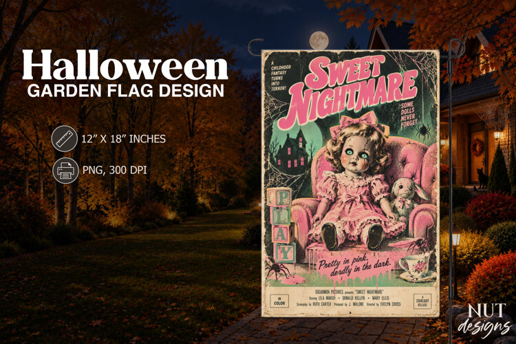 Sweet Nightmare Vintage Doll Halloween Garden Flag example image 1