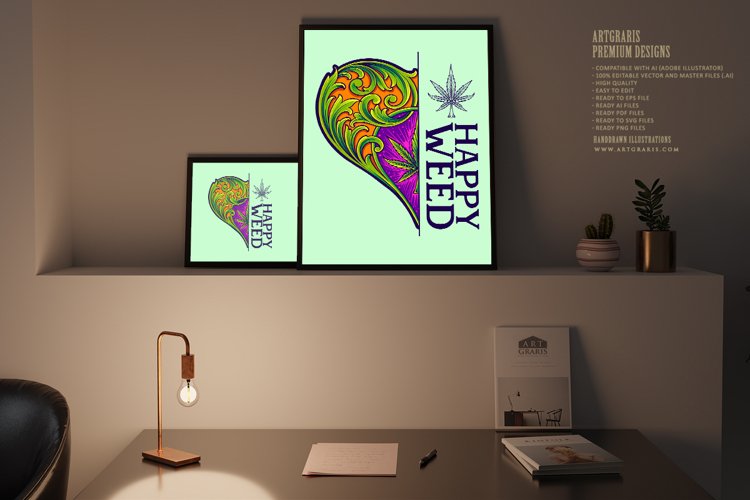 Traditional engraving ornament half heart with hemp leaf example image 1
