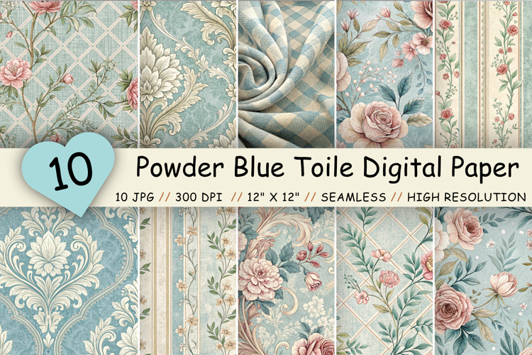 Powder Blue Toile Digital Paper Pack, Vintage Floral Toile