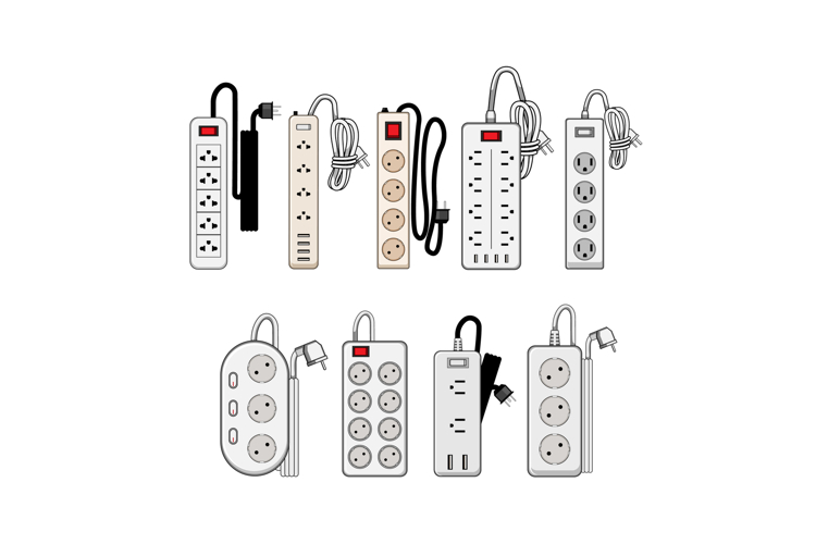 Different types of power strips with multiple outlets