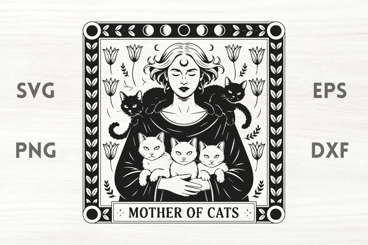 Powerful witch and cats with flowers SVG