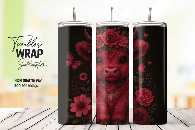 Cute Highland Cow Floral Tumbler Wrap Sublimation PNG