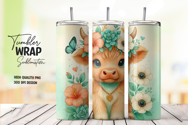 Cute Highland Cow Floral Tumbler Wrap Sublimation PNG