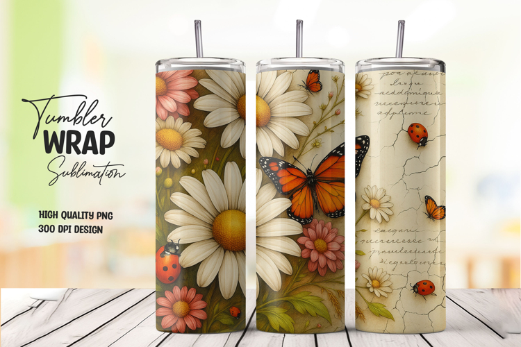 Daisy and Monarch Butterfly Tumbler Wrap PNG