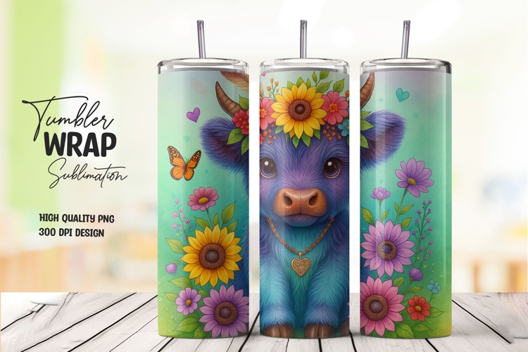 Cute Highland Cow Floral Tumbler Wrap Sublimation PNG