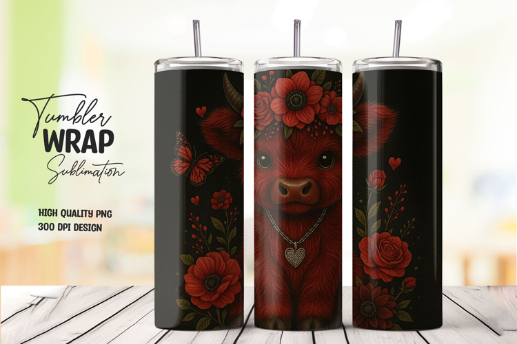 Cute Highland Cow Floral Tumbler Wrap Sublimation PNG