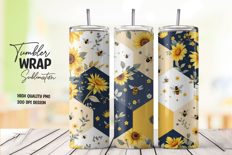 Sunflower and Bee Tumbler Wrap Sublimation Design