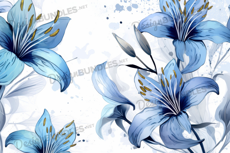 Blue Watercolor Lily Botanical Background