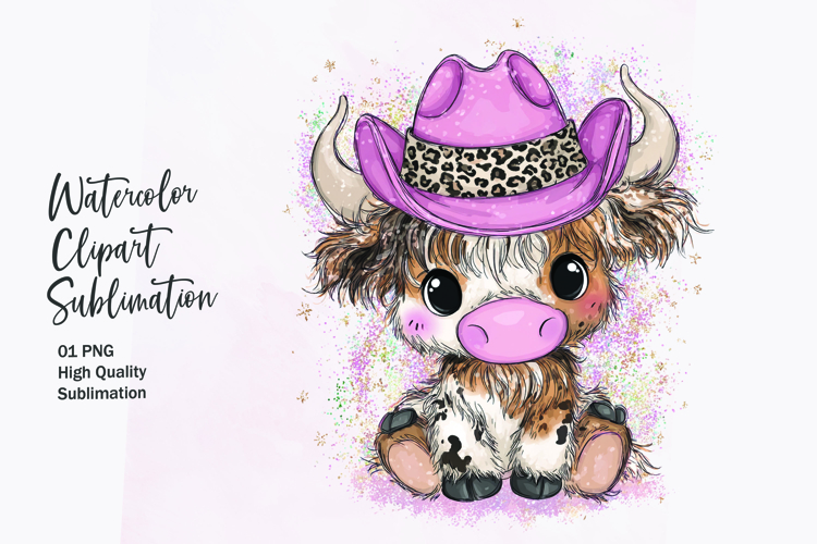 “Baby Highland Cow with Bow Watercolor Clipart Sublimation