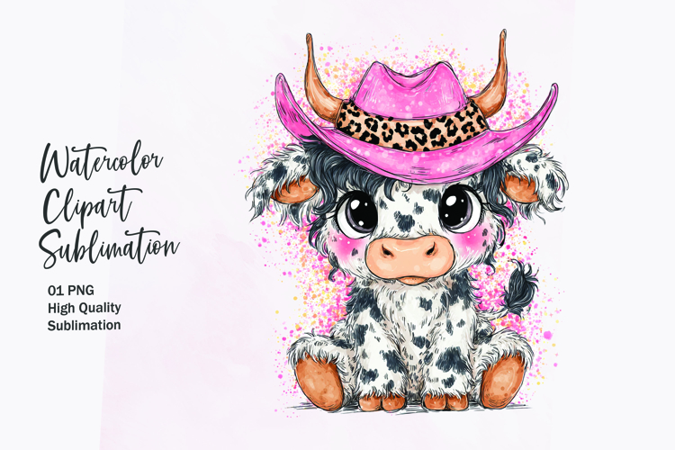 Baby Highland Cow with Bow Watercolor Clipart Sublimation