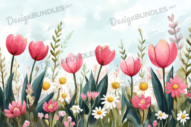 Pink Tulip Field Floral Background