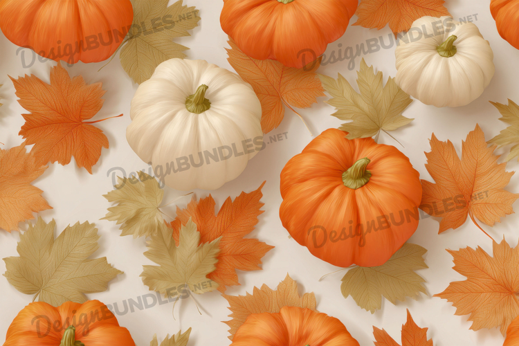 Pumpkins with Red and Beige Autumn Leaves Background