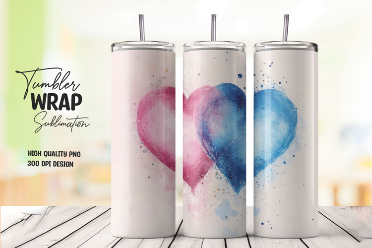 Pink Heart Watercolor Tumbler Wrap PNG
