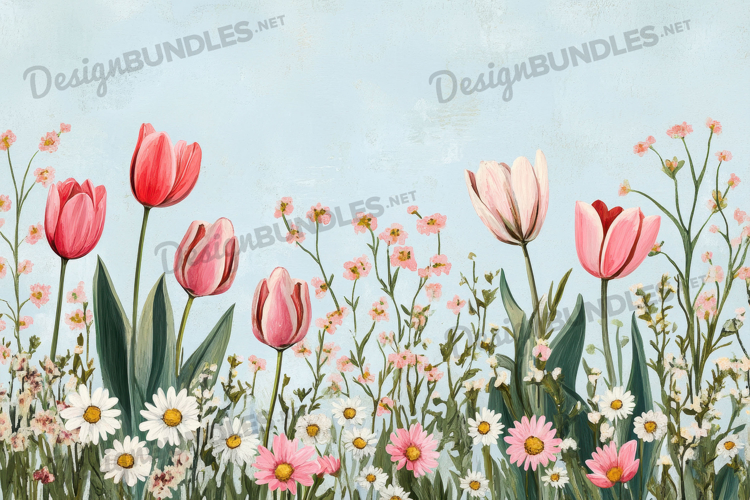 Mixed Tulips Wildflowers Illustration
