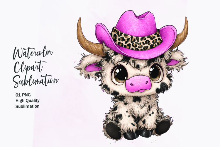 Baby Highland Cow with Bow Watercolor Clipart Sublimation