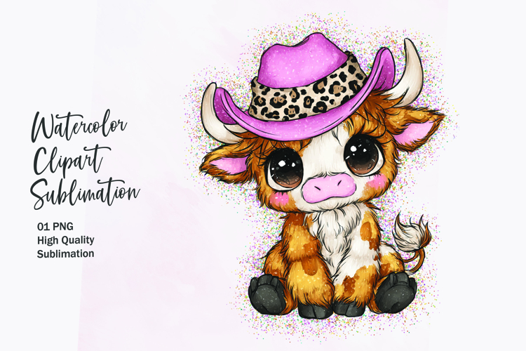 Baby Highland Cow with Bow Watercolor Clipart Sublimation