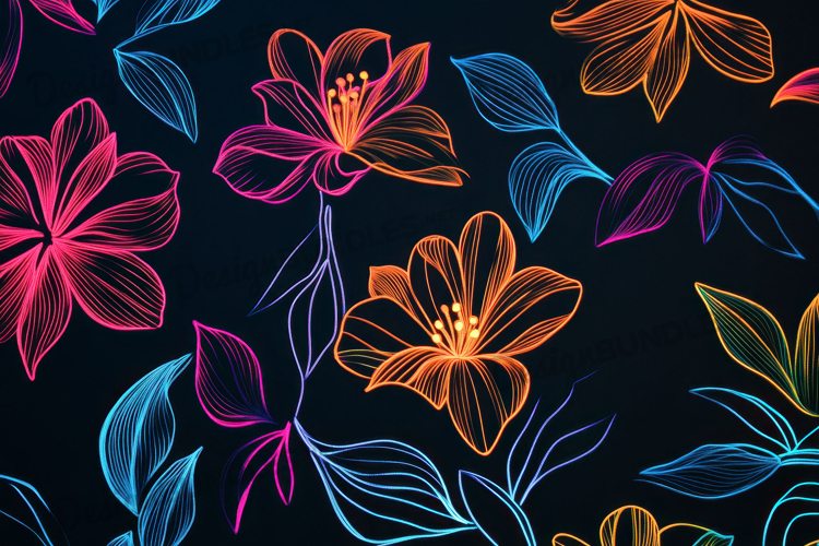 Vibrant Neon Pink and Orange Tropical Flowers on Black