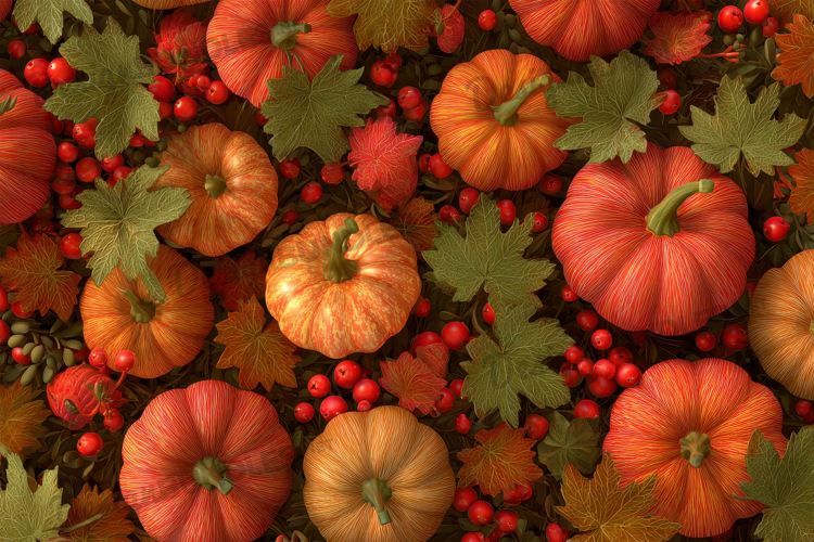 Pumpkins with Autumn Leaves Seamless Pattern Background