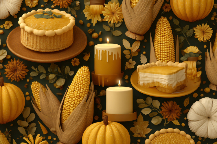 Autumn Pumpkin Pies with Corn Harvest Background
