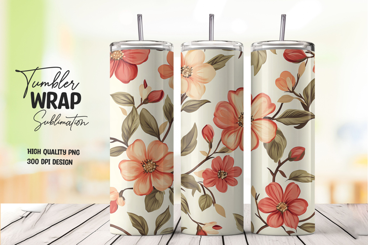 Orange Beige Floral Leaf Tumbler PNG