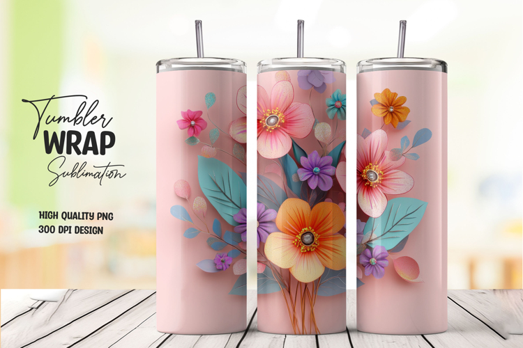 Coral Pink Floral Butterfly Tumbler Wrap