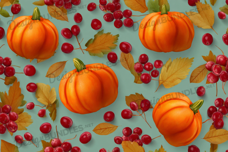 Pumpkins with Red Berries Autumn Pattern Background