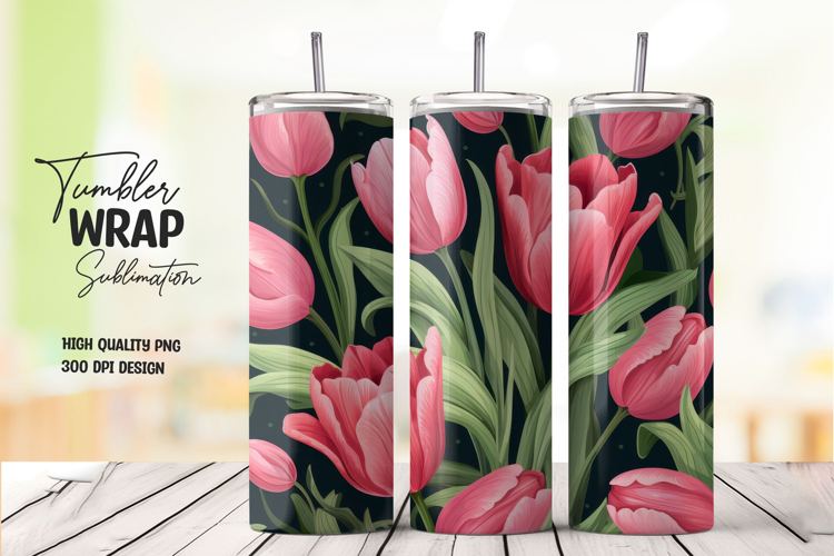 Red Pink Tulips Art Tumbler Wrap PNG