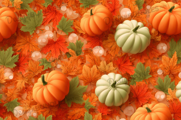 Pumpkins with Green and Red Autumn Leaves Background