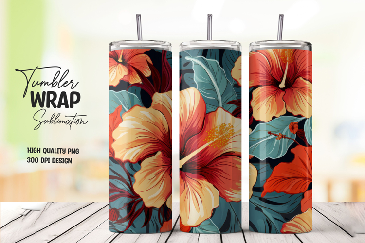 Orange Tropical Hibiscus Tumbler Wrap PNG example image 1