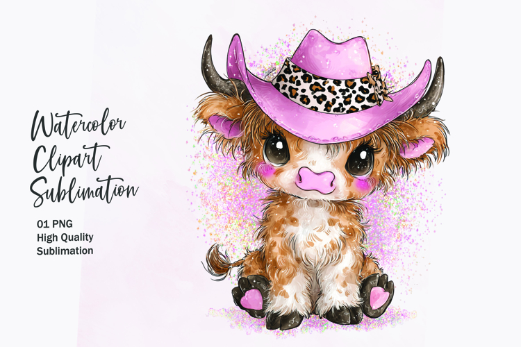 Baby Highland Cow with Bow Watercolor Clipart Sublimation