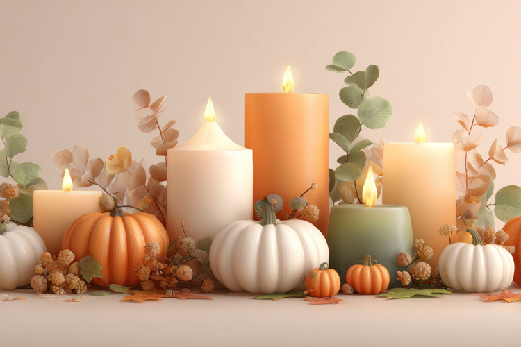 White Pumpkins with Candles and Eucalyptus Autumn