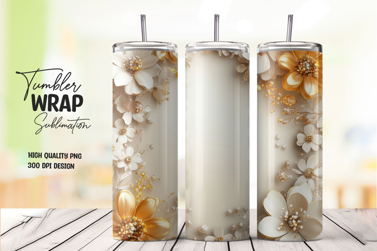 White Gold 3D Floral Elegant Tumbler Wrap