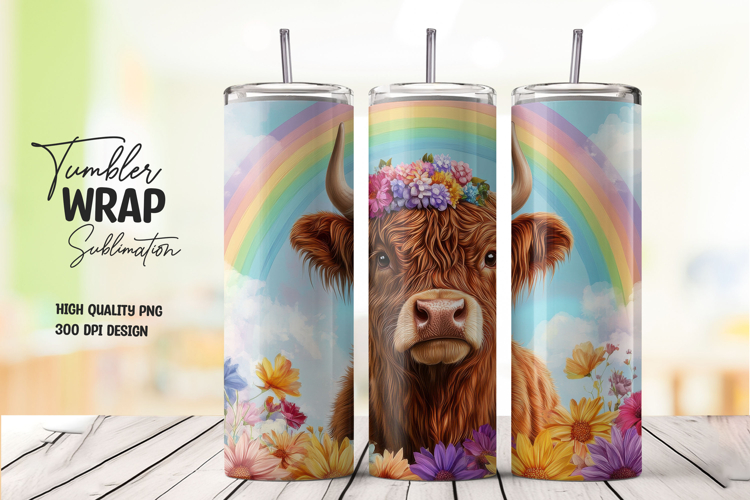 Highland Cow with Rainbow Flower Crown Tumbler Wrap PNG