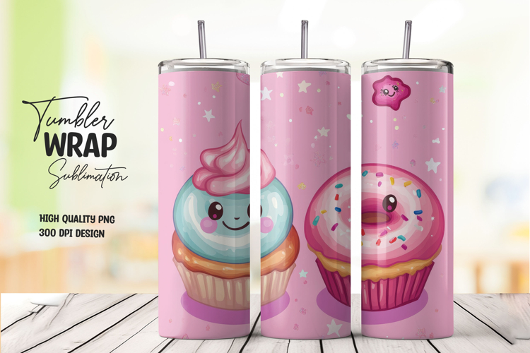 Pink and Blue Cupcake Faces Tumbler Wrap Sublimation PNG