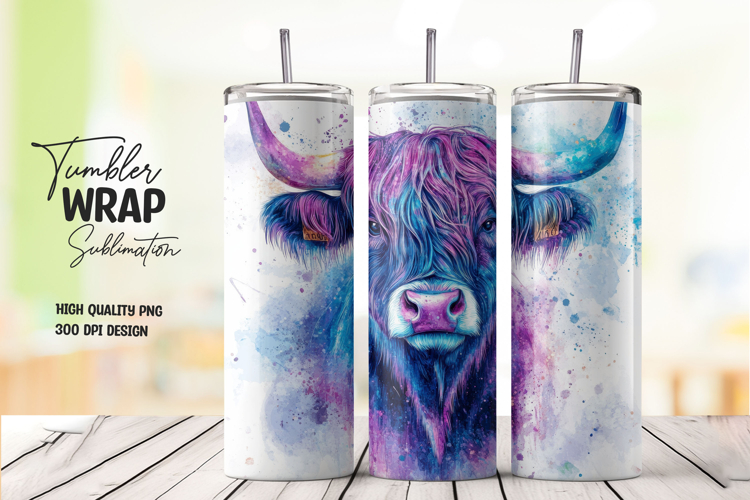 Purple Artistic Highland Cow Tumbler Wrap