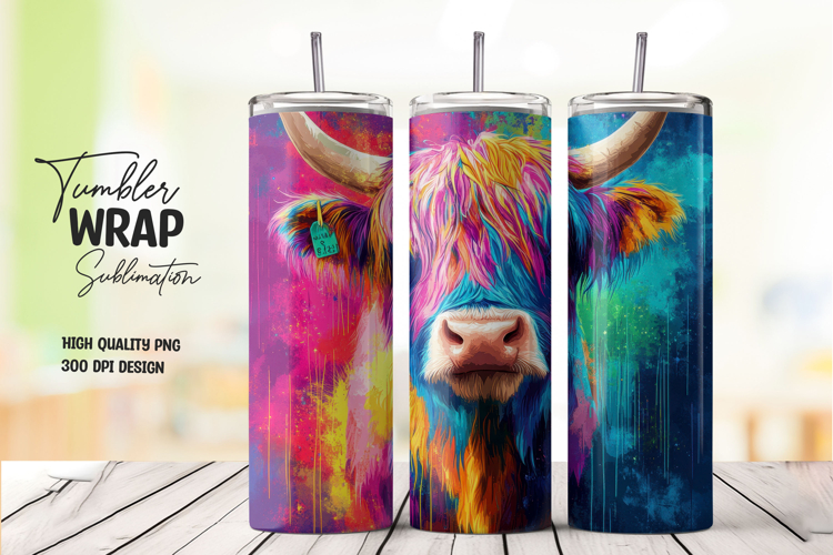 Neon Splash Highland Cow Face Tumbler Wrap PNG