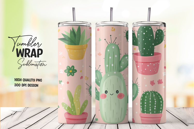 Cute Cactus in Pink Garden Tumbler Wrap Sublimation PNG
