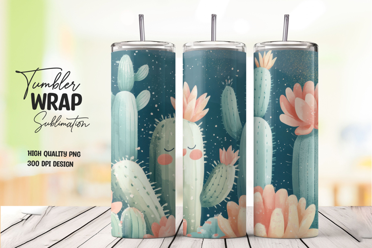 Cactus with Floral Bloom Pastel Tumbler Wrap PNG