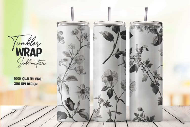 Gray Floral Line Art Tumbler Wrap