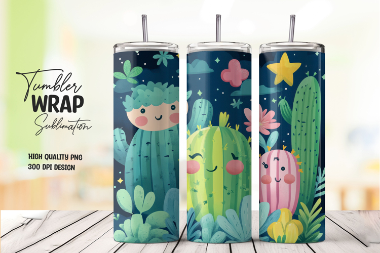 Cactus Friends in Night Forest Tumbler Wrap PNG